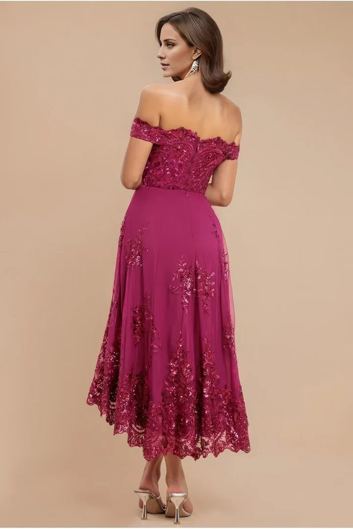 Magenta A‑Line Off‑The‑Shoulder Short Sleeve Zipper Back Hi‑Lo Mother Of The Bride Dress