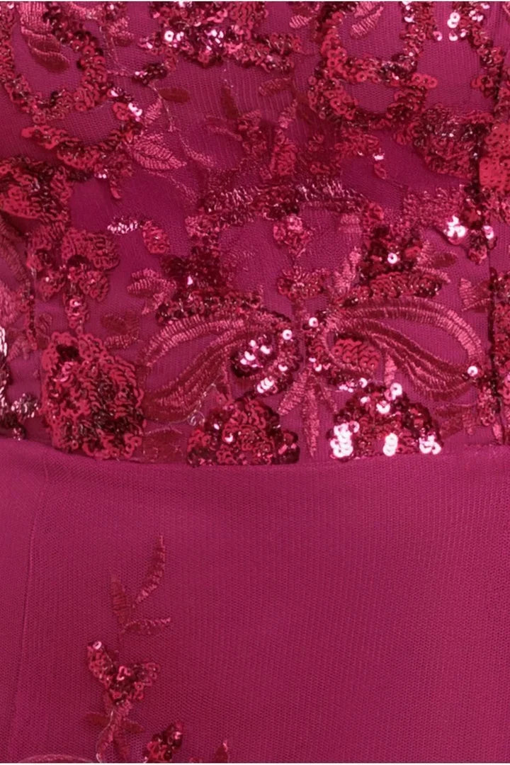Magenta A‑Line Off‑The‑Shoulder Short Sleeve Zipper Back Hi‑Lo Mother Of The Bride Dress