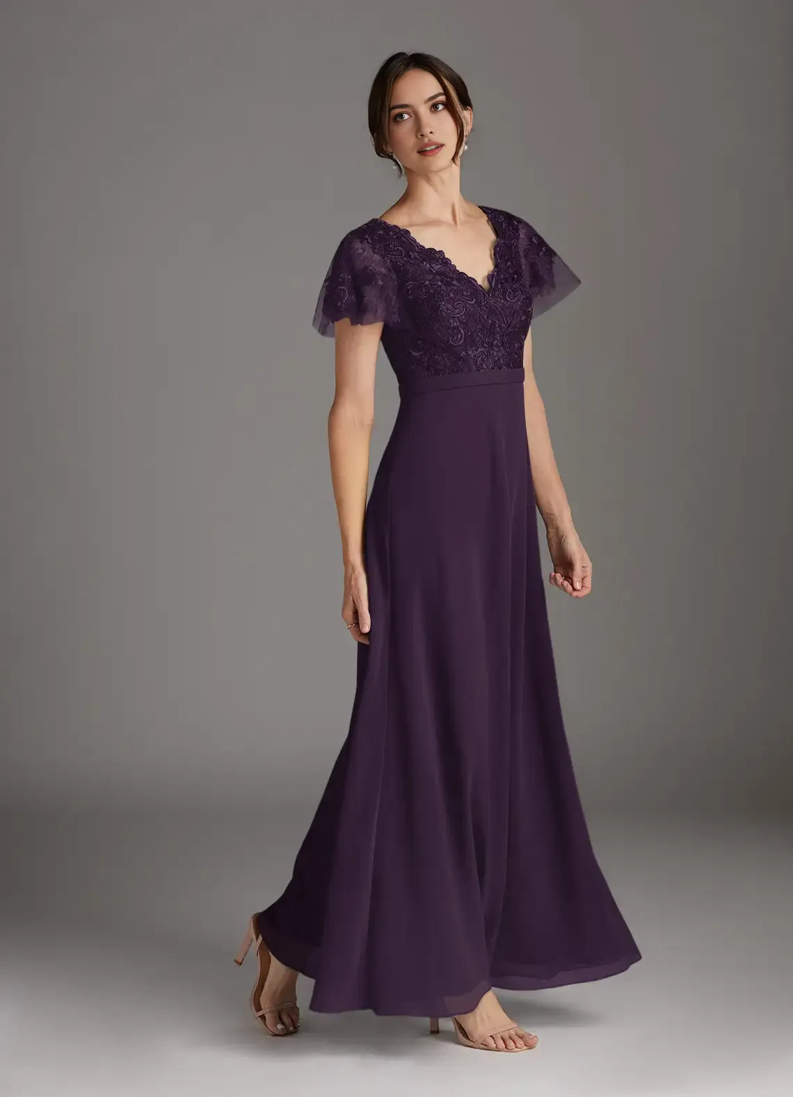 Plum Luxury A-Line V-Neck Mother of the Bride Dress Exquisite Hand Crafted Sheer Flutter Sleeves Artfully Bodice
