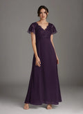 Plum Luxury A-Line V-Neck Mother of the Bride Dress Exquisite Hand Crafted Sheer Flutter Sleeves Artfully Bodice