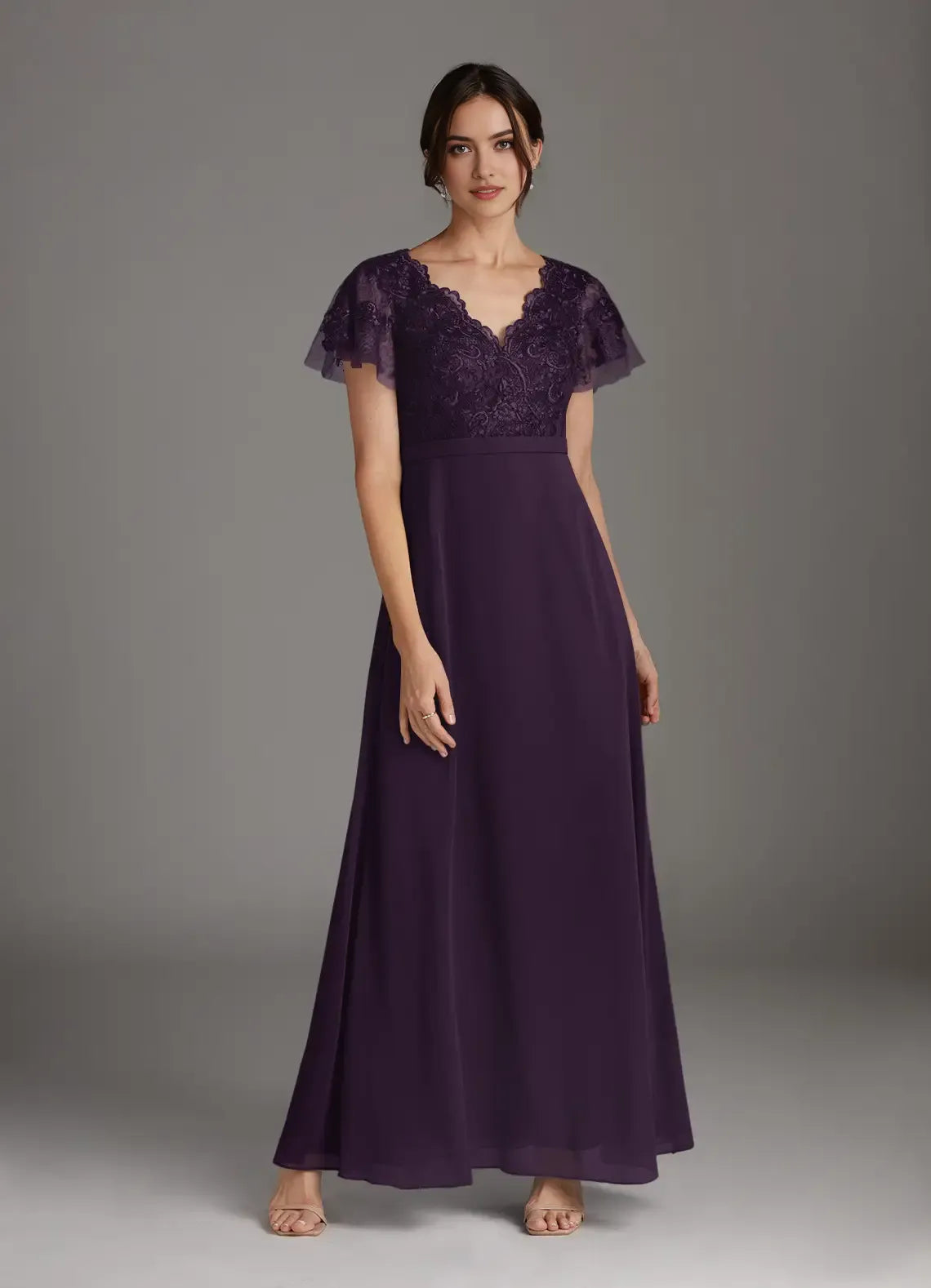 Plum Luxury A-Line V-Neck Mother of the Bride Dress Exquisite Hand Crafted Sheer Flutter Sleeves Artfully Bodice