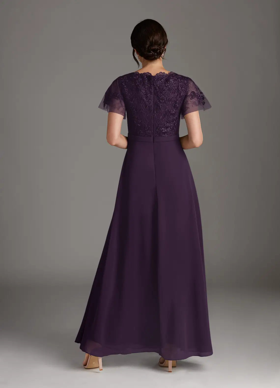 Plum Luxury A-Line V-Neck Mother of the Bride Dress Exquisite Hand Crafted Sheer Flutter Sleeves Artfully Bodice