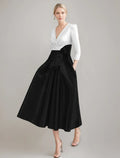 Luxury A-Line V-Neck Three-Quarter-Sleeve Pleated Color-Block Bow-Waist Tea-Length Mother of the Bride Dresses