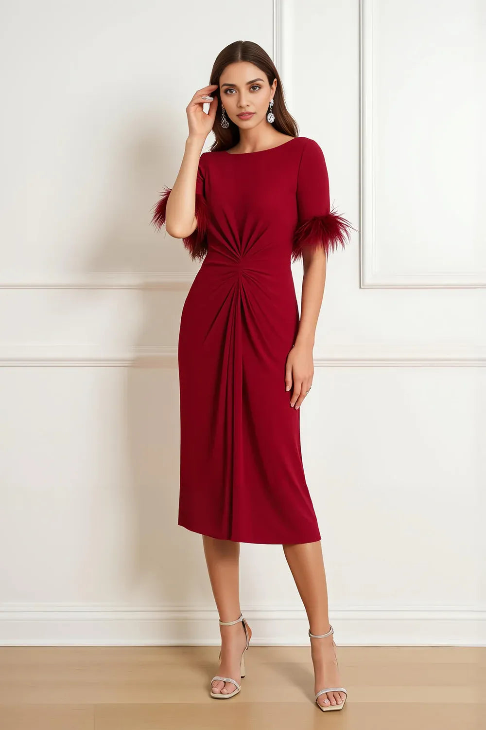 Timeless Elegant Burgundy Sheath Short Sleeve Tea-Length Mother of the Bride Dress