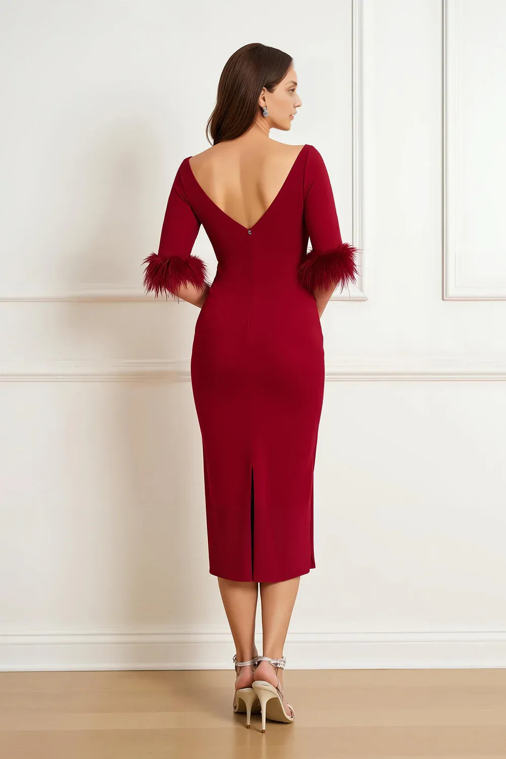Timeless Elegant Burgundy Sheath Short Sleeve Tea-Length Mother of the Bride Dress