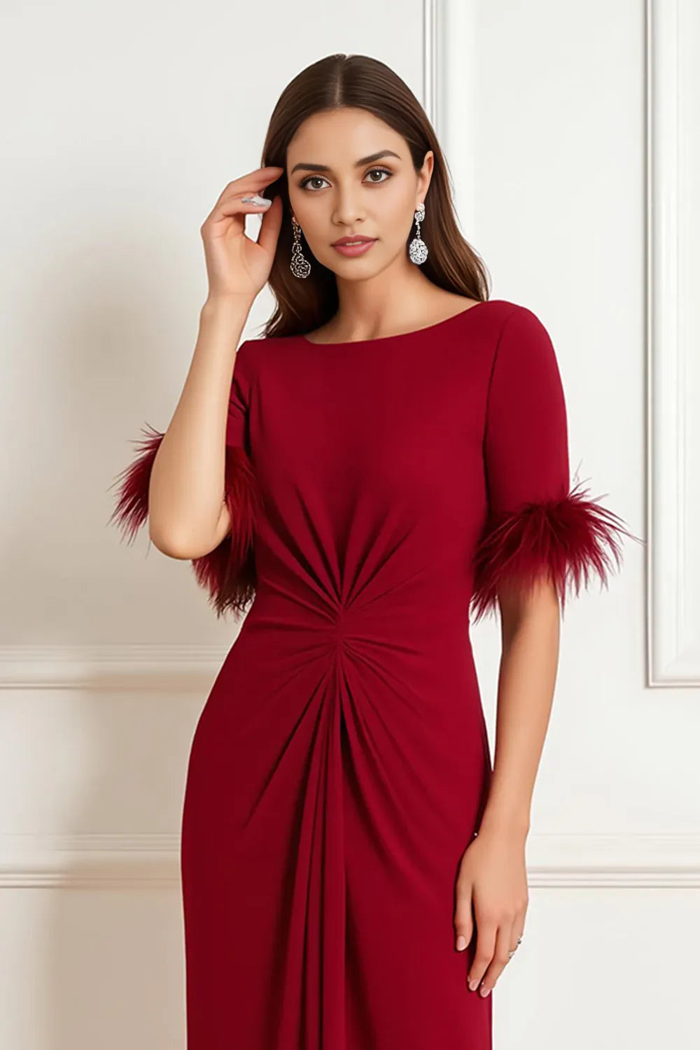 Timeless Elegant Burgundy Sheath Short Sleeve Tea-Length Mother of the Bride Dress