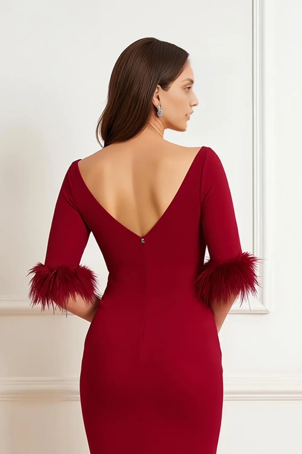 Timeless Elegant Burgundy Sheath Short Sleeve Tea-Length Mother of the Bride Dress
