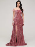 Sophisticated Graceful Stylish Refined Elegant Red Lace Sheath Off-The-Shoulder Sleeveless Prom Dress