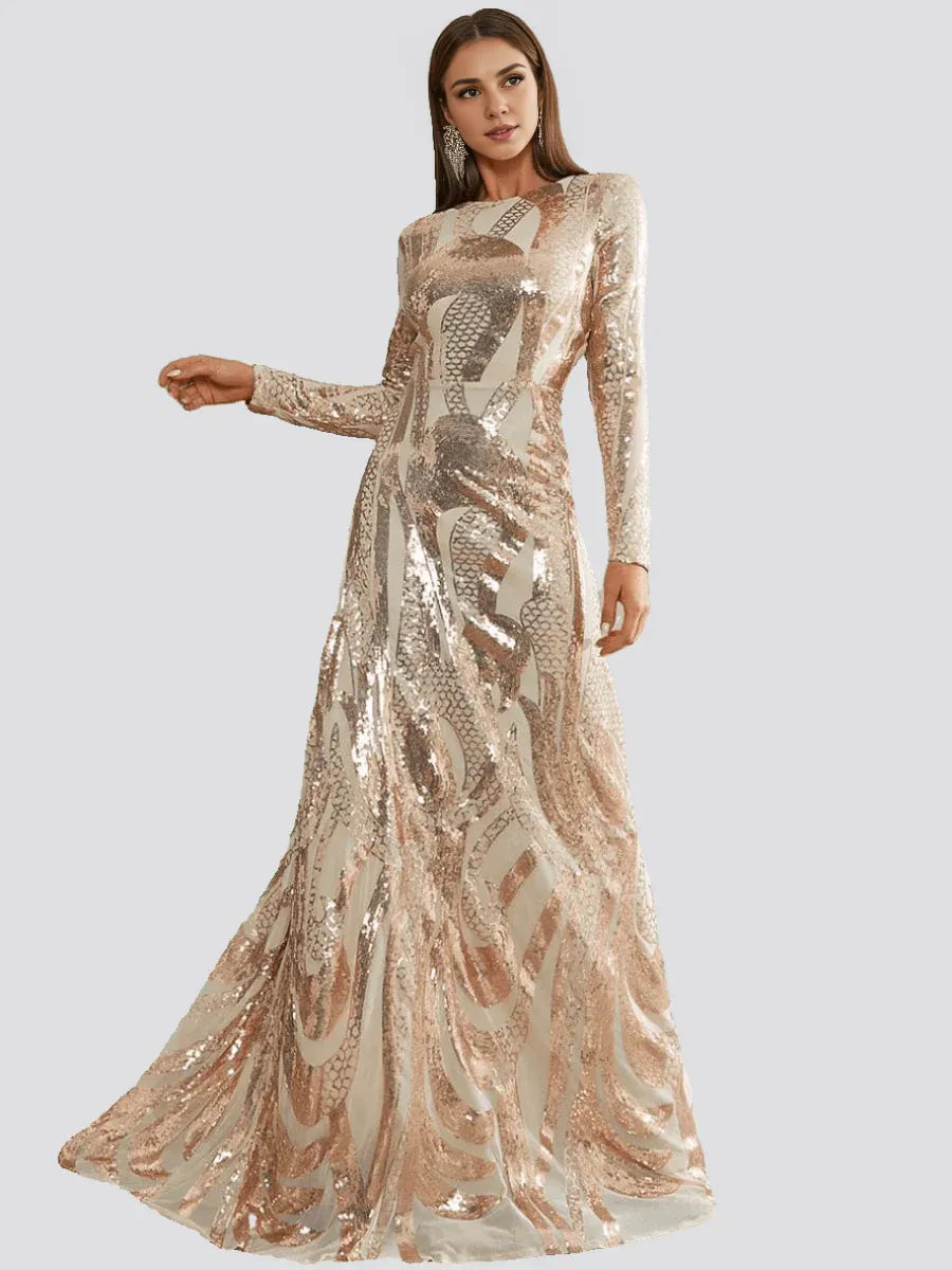 Elegant Rose Gold Sequin Sheath High Neck Long Sleeve Floor-Length Prom Dress