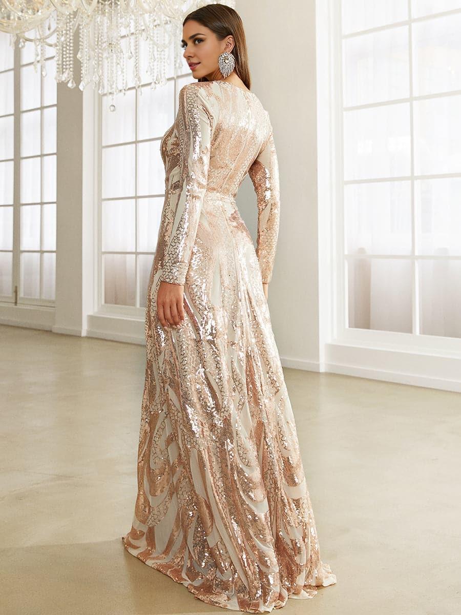 Elegant Rose Gold Sequin Sheath High Neck Long Sleeve Floor-Length Prom Dress