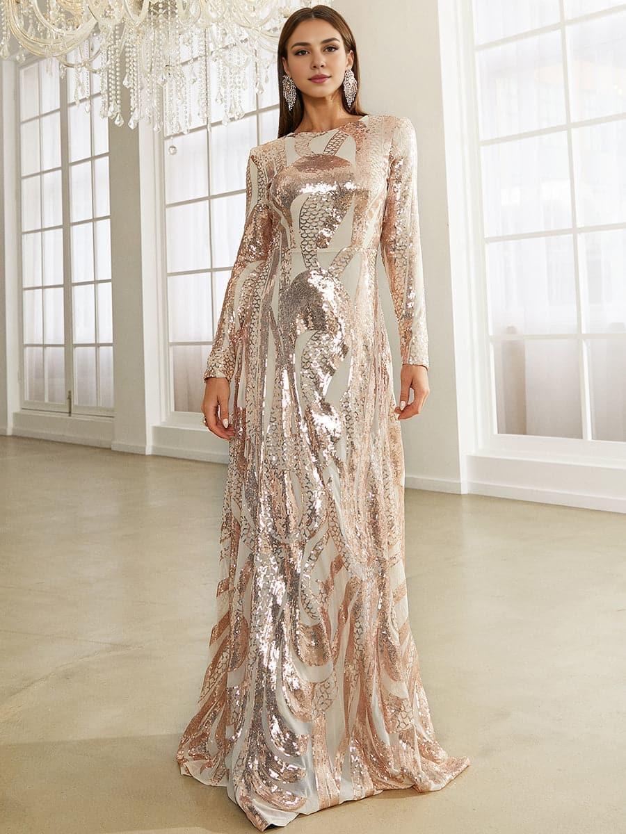 Elegant Rose Gold Sequin Sheath High Neck Long Sleeve Floor-Length Prom Dress