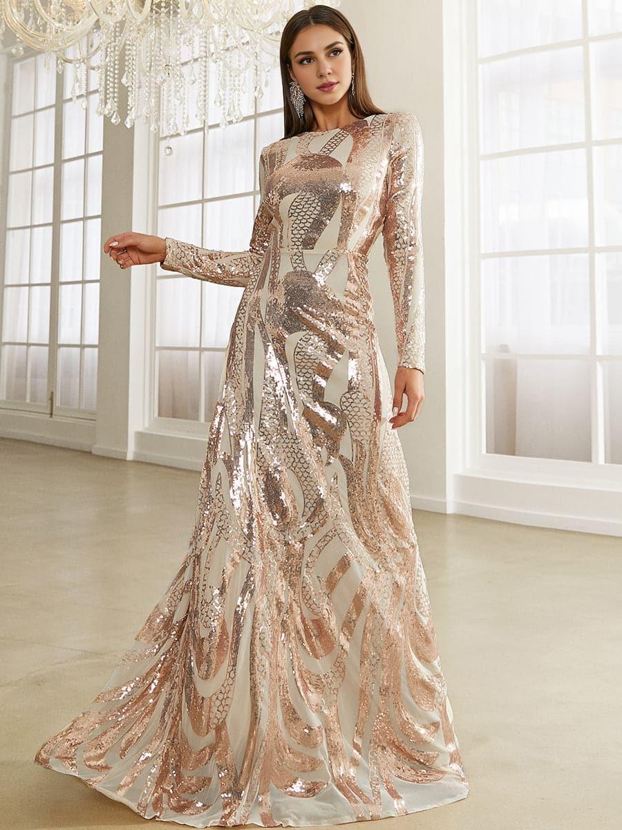 Elegant Rose Gold Sequin Sheath High Neck Long Sleeve Floor-Length Prom Dress