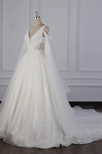 Luxury V-Neck Beadings Wedding Dress Sleeveless Bridal Gowns