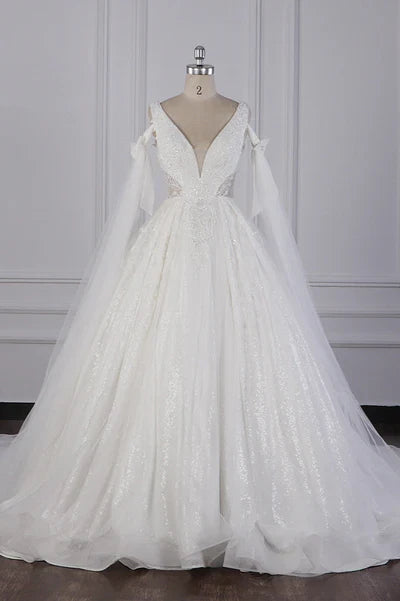 Luxury V-Neck Beadings Wedding Dress Sleeveless Bridal Gowns