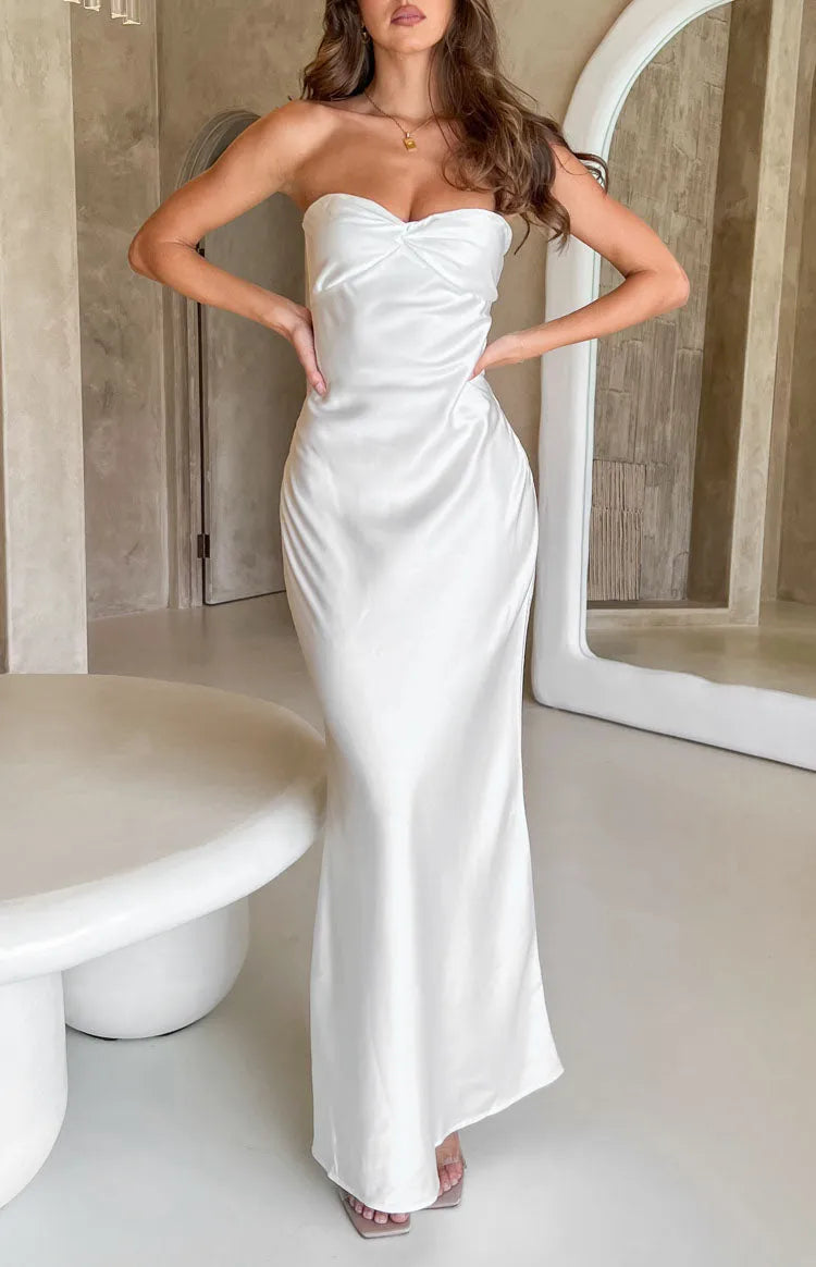 White Luxury Prom Dress Strapless Ruched Detailing Maxi Silhouette for a High End Glamour