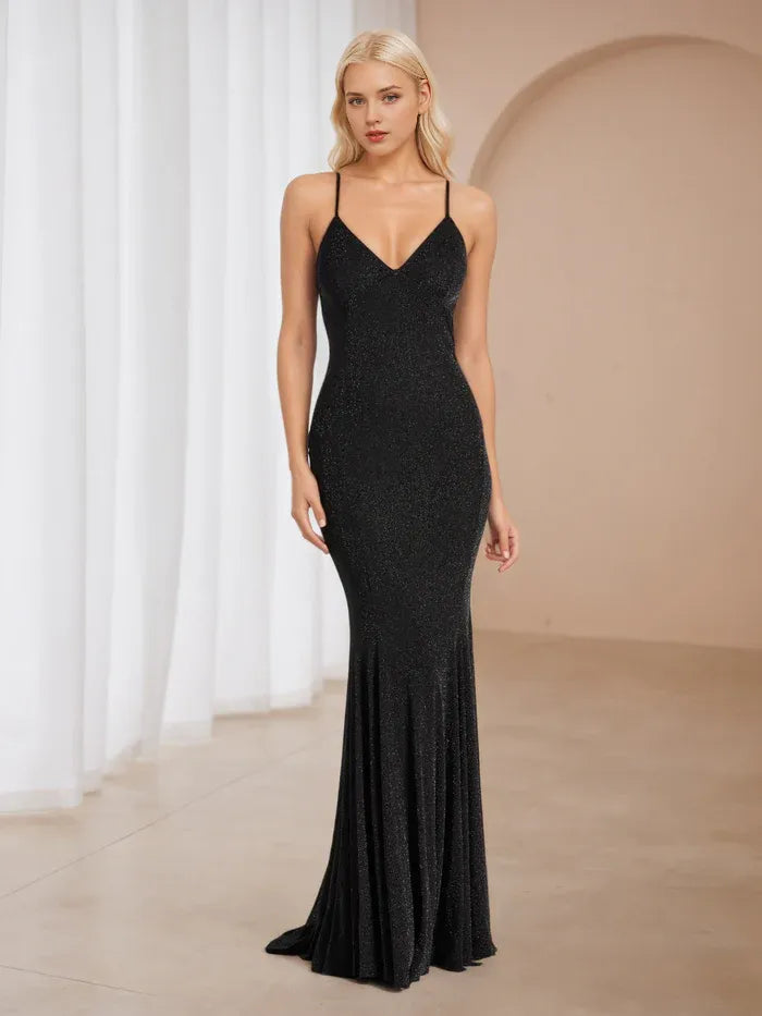 Black Sparkle Mermaid Prom Dress Spaghetti Straps V - Neck
