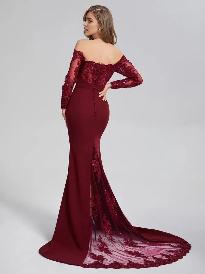 Mermaid Button Long Sleeve Prom Dresses with Trailing