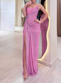 Pink Mermaid Cowl Neck Corset Ruched Prom Dress With High-Slit