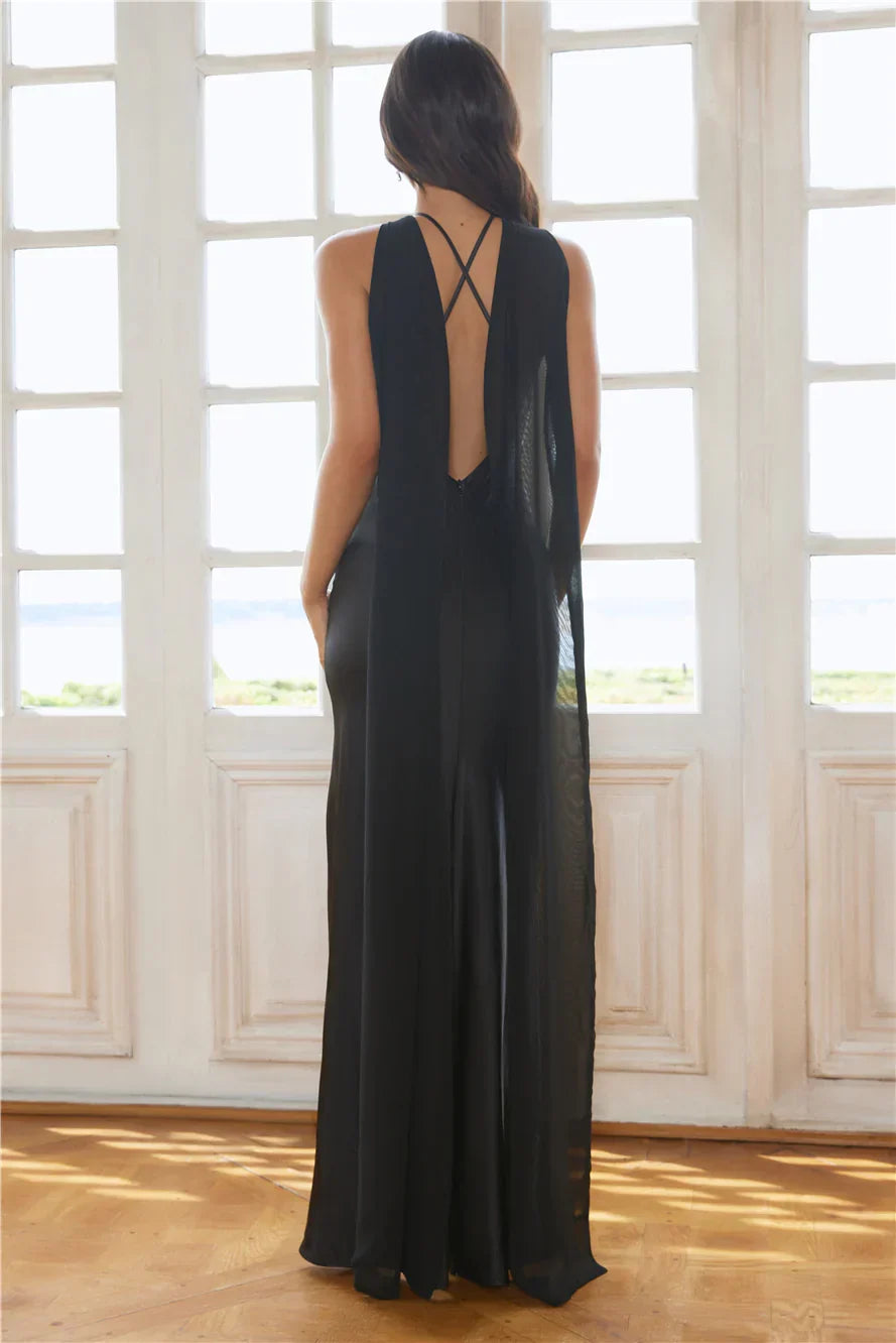 Black Mermaid Half High Neck Open Back Slit Maxi Prom Dress With Streamer