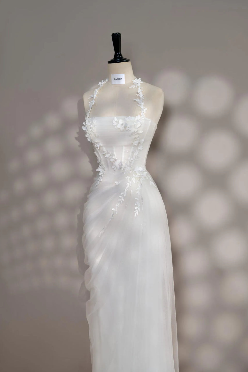 White Mermaid Halter Corset Floral Applique Ruched Floor-Length Prom Dress