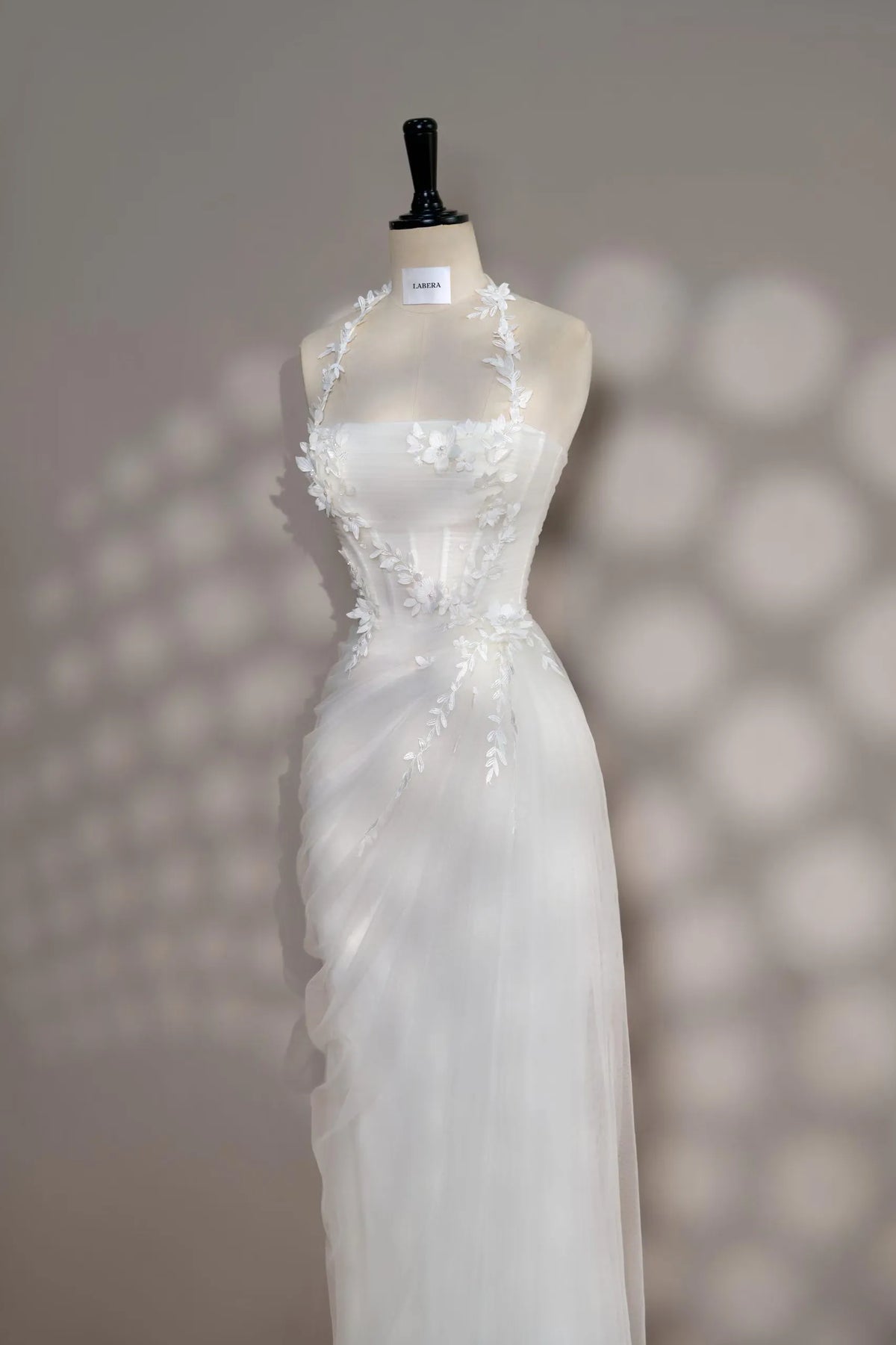 White Mermaid Halter Corset Floral Applique Ruched Floor-Length Prom Dress