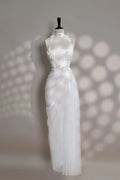 White Mermaid Halter Corset Floral Applique Ruched Floor-Length Prom Dress
