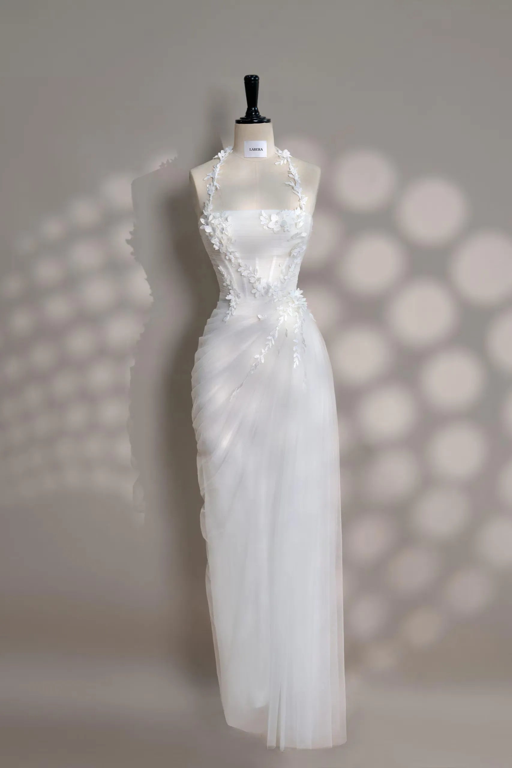 White Mermaid Halter Corset Floral Applique Ruched Floor-Length Prom Dress