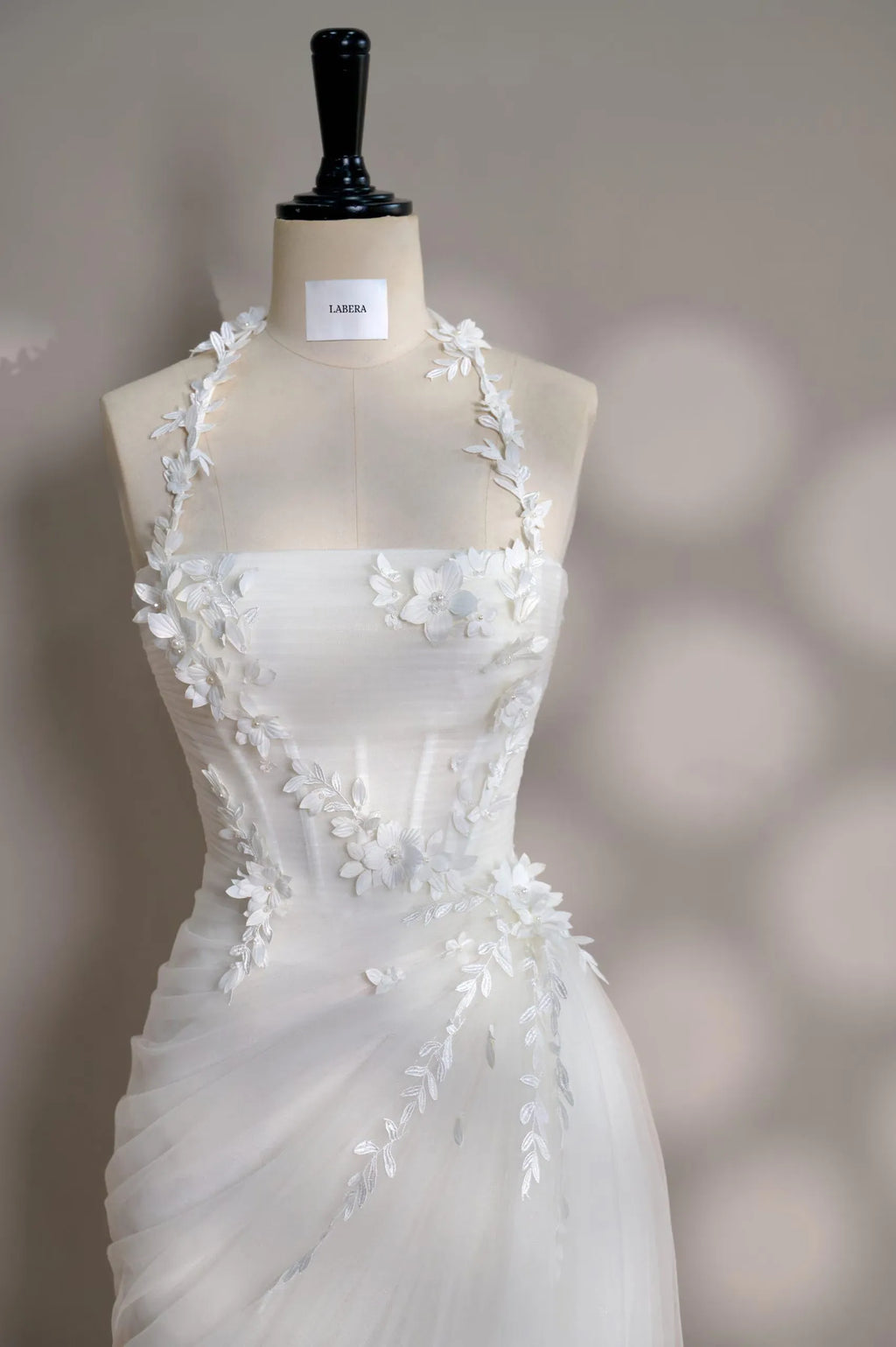 White Mermaid Halter Corset Floral Applique Ruched Floor-Length Prom Dress