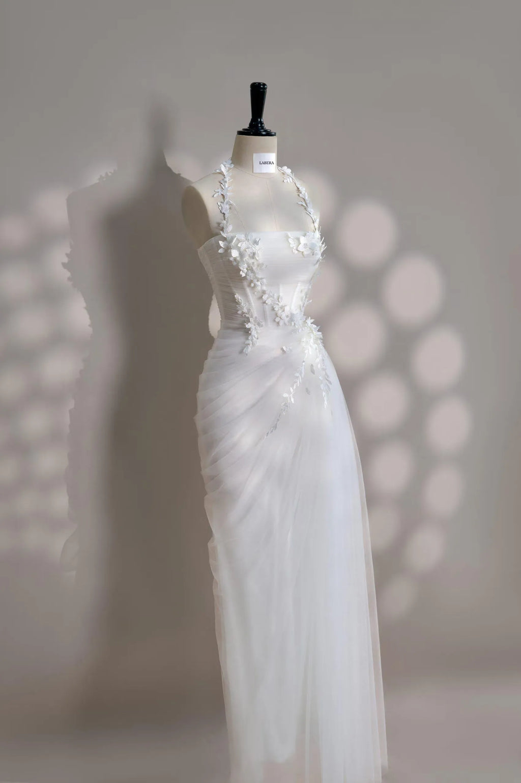 White Mermaid Halter Corset Floral Applique Ruched Floor-Length Prom Dress