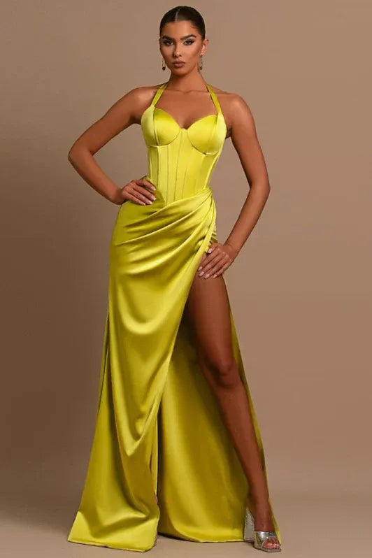 Green Mermaid Halter Corset Ruched Lime Prom Dress With Slit