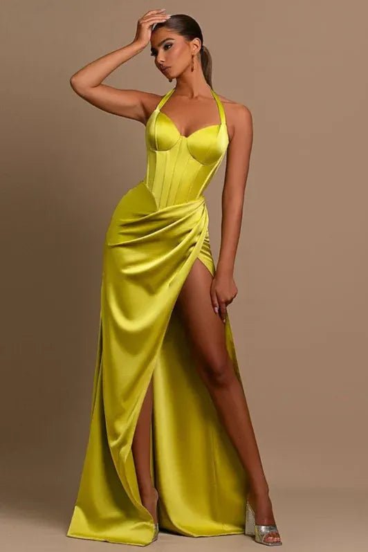 Green Mermaid Halter Corset Ruched Lime Prom Dress With Slit