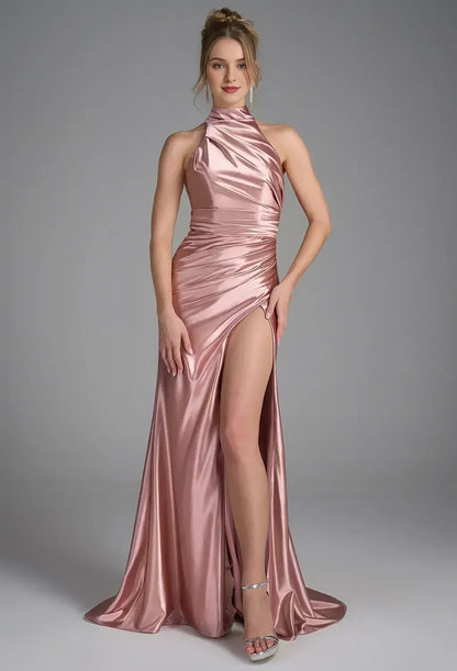 Special Occasion Sophisticated Graceful Stylish Refined Elegant Satin Mermaid Halter Sleeveless Prom Dress