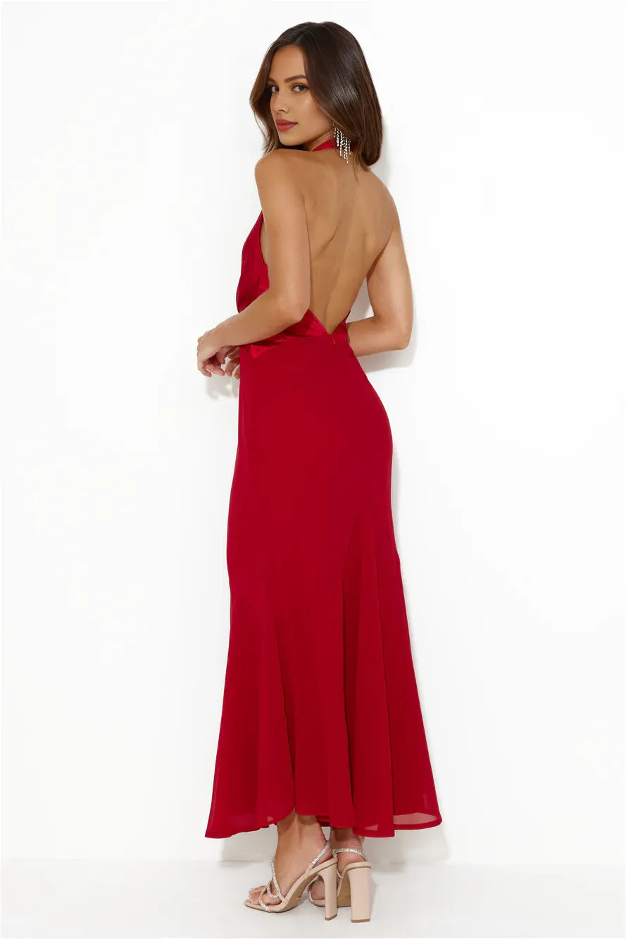 Red Mermaid Halter Open Back Maxi Prom Dress With Flared Hem Custom