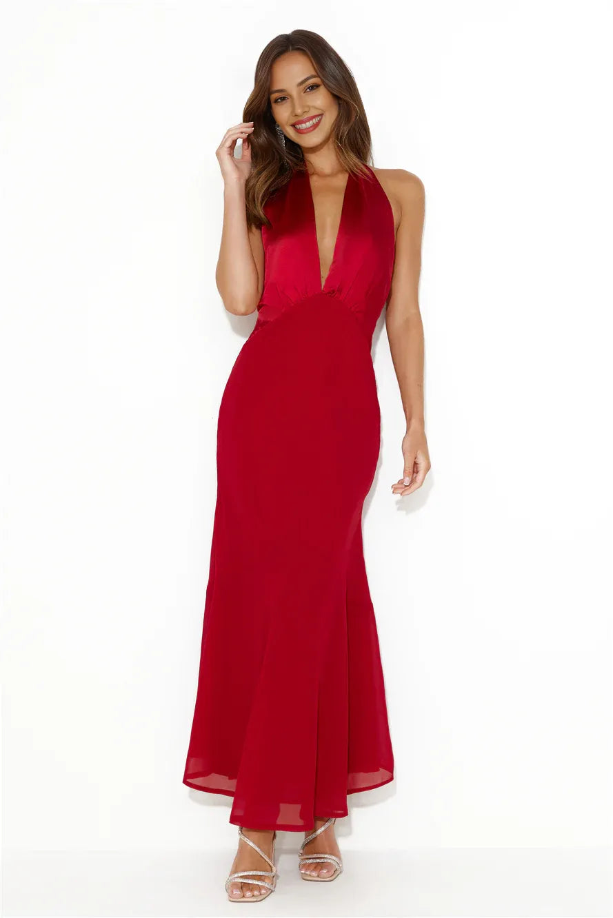 Red Mermaid Halter Open Back Maxi Prom Dress With Flared Hem Custom