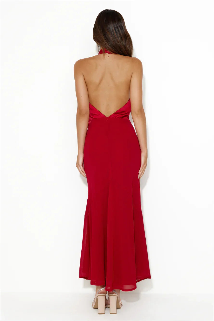 Red Mermaid Halter Open Back Maxi Prom Dress With Flared Hem Custom