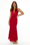 Red Mermaid Halter Open Back Maxi Prom Dress With Flared Hem Custom