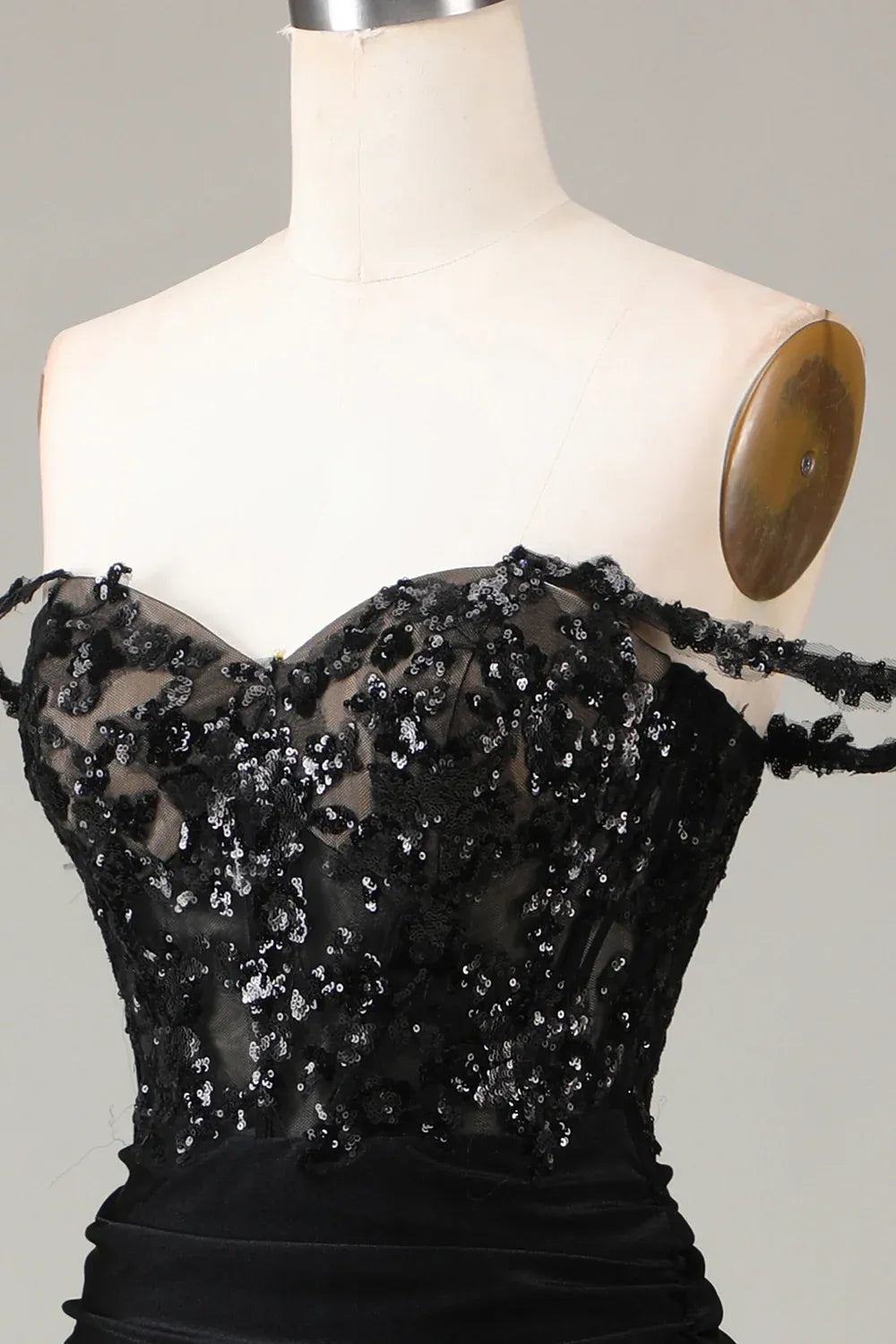 Black Mermaid Off-Shoulder Corset Pleated Sequins Applique Maxi Prom Dress
