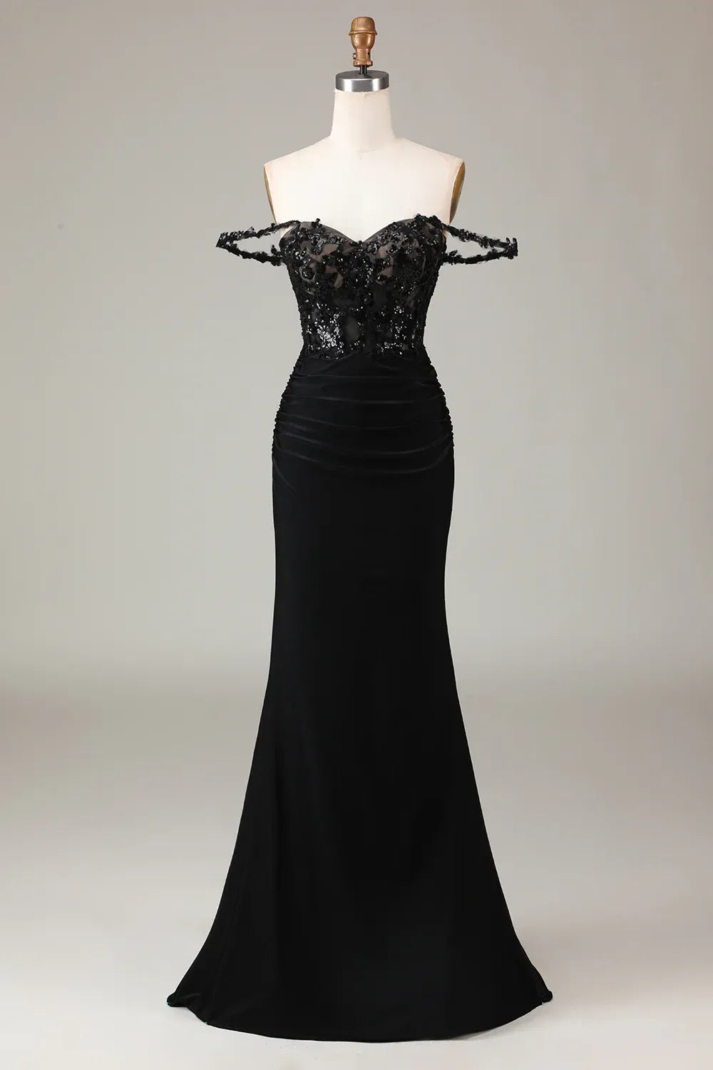 Black Mermaid Off-Shoulder Corset Pleated Sequins Applique Maxi Prom Dress
