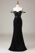 Black Mermaid Off-Shoulder Corset Pleated Sequins Applique Maxi Prom Dress