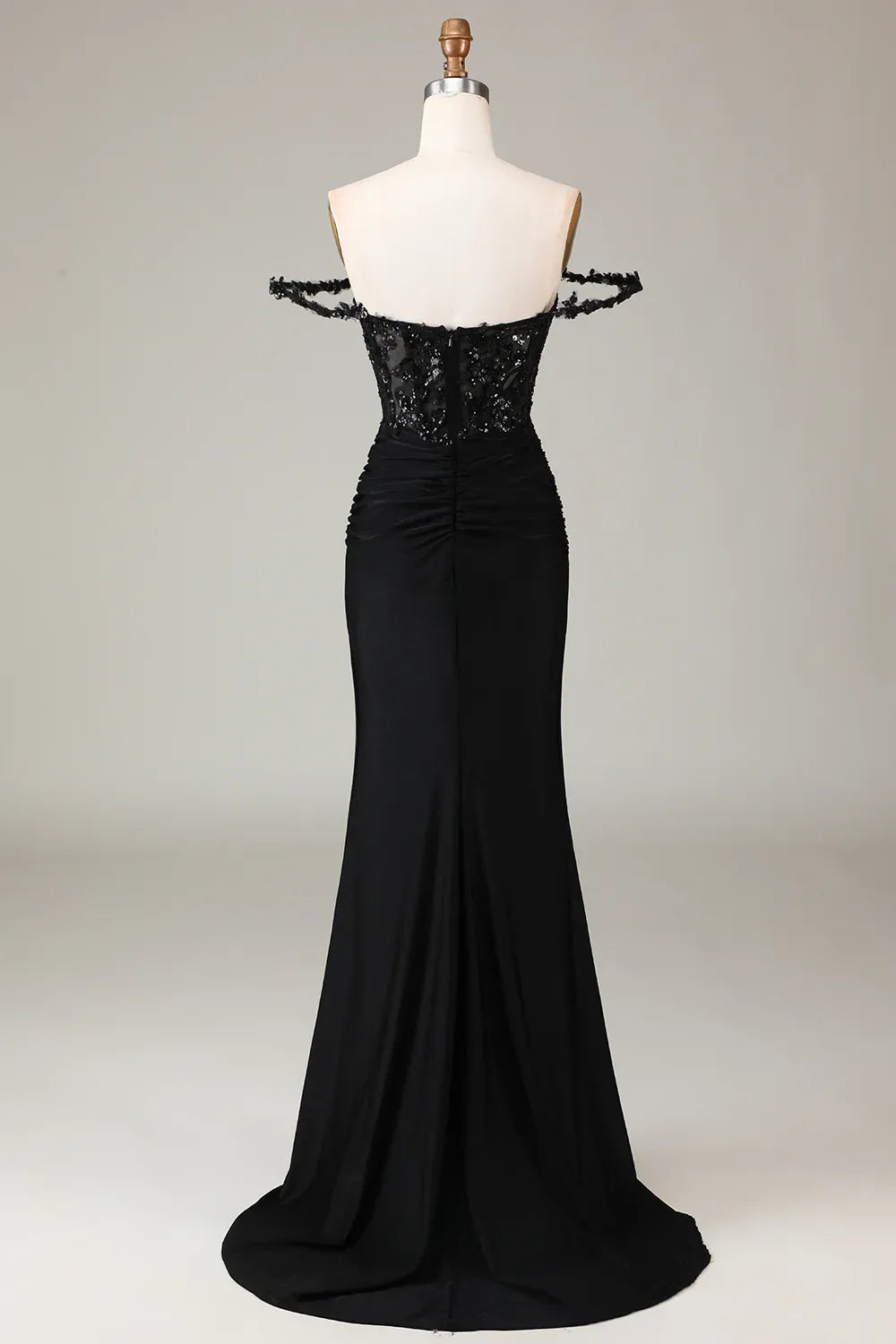 Black Mermaid Off-Shoulder Corset Pleated Sequins Applique Maxi Prom Dress
