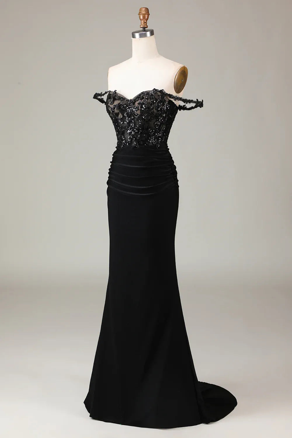 Black Mermaid Off-Shoulder Corset Pleated Sequins Applique Maxi Prom Dress