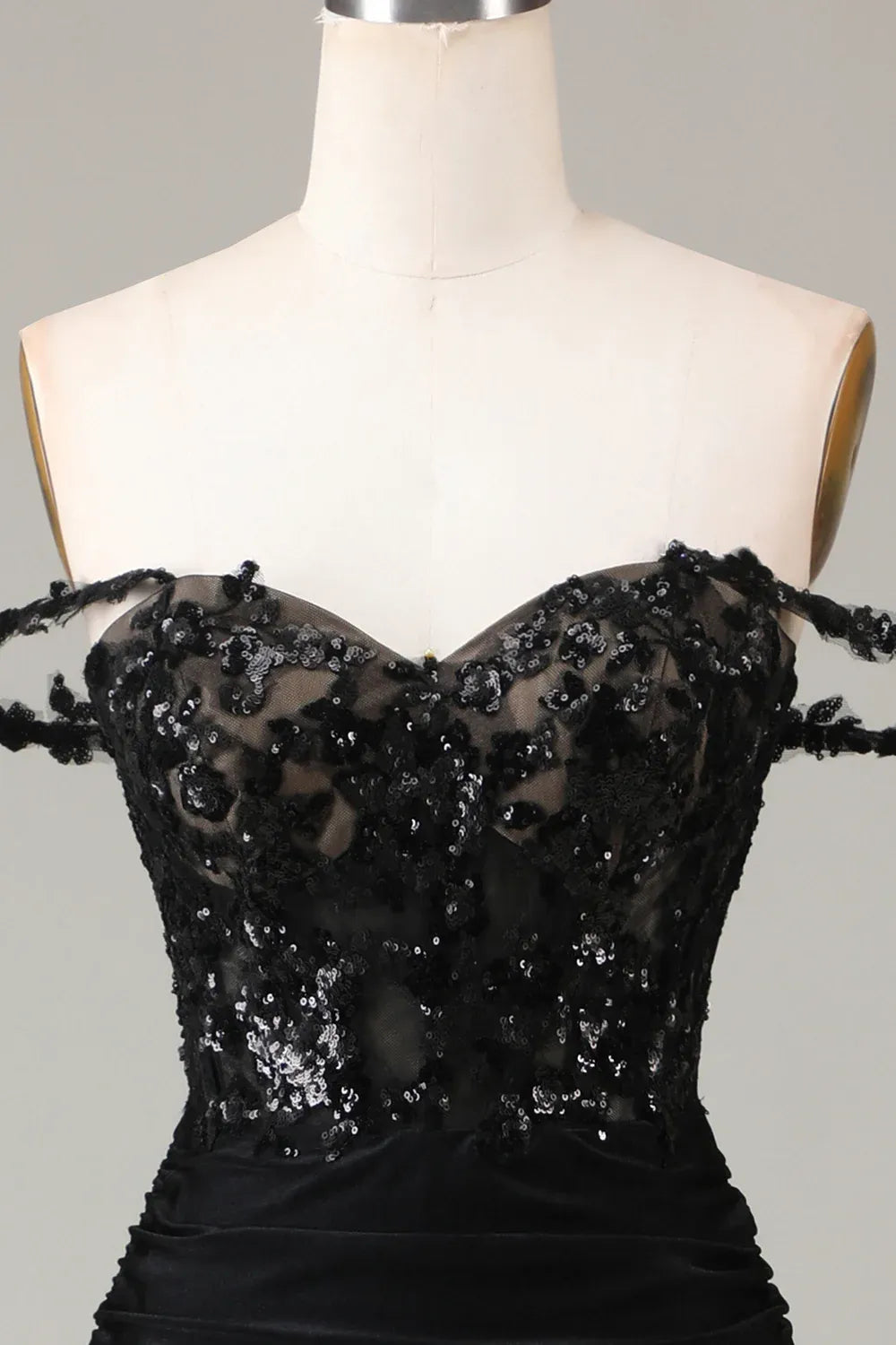 Black Mermaid Off-Shoulder Corset Pleated Sequins Applique Maxi Prom Dress