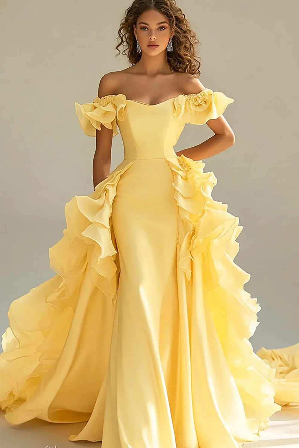Yellow Mermaid Off-Shoulder Ruffle Prom Dress With Sweep Train