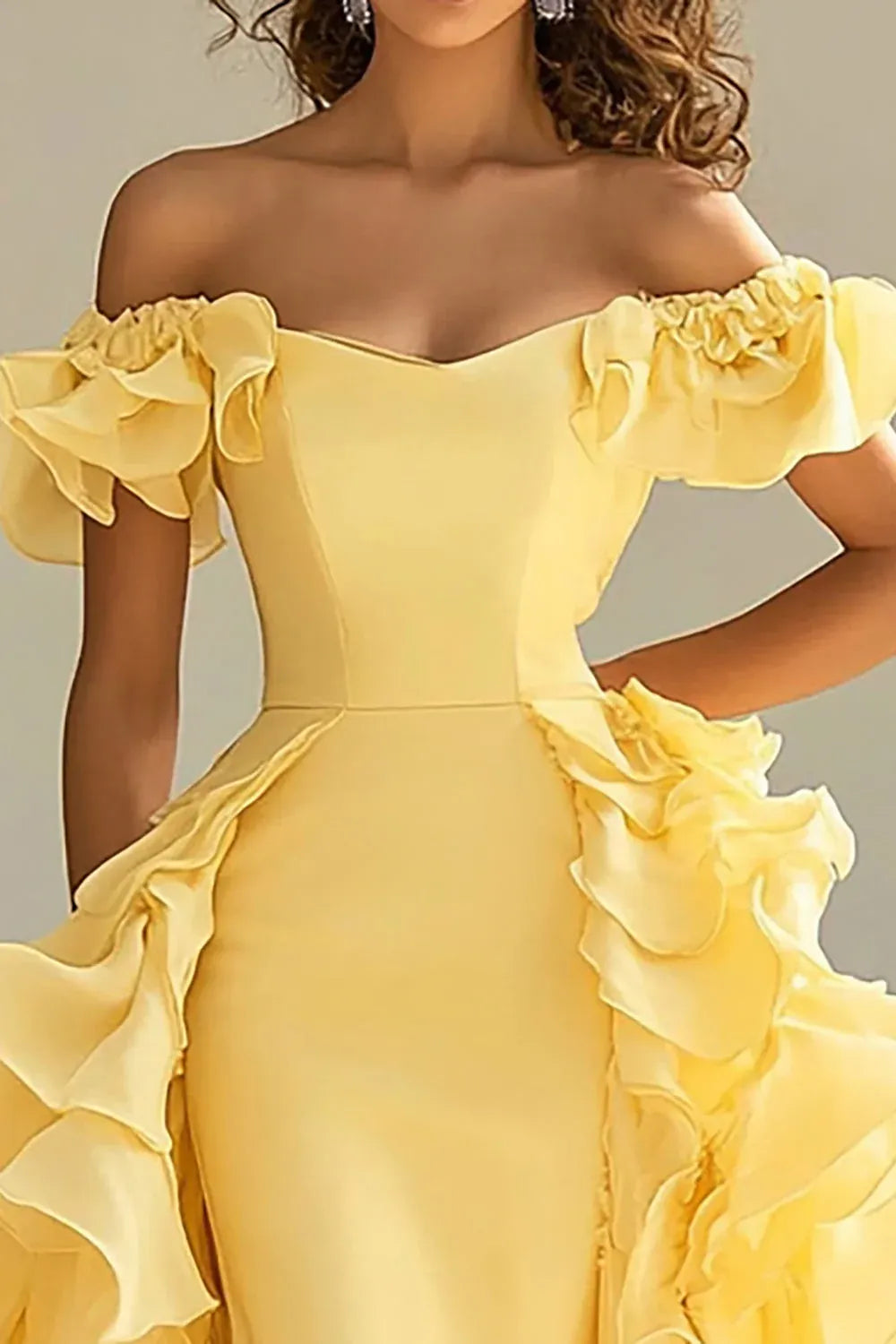 Yellow Mermaid Off-Shoulder Ruffle Prom Dress With Sweep Train