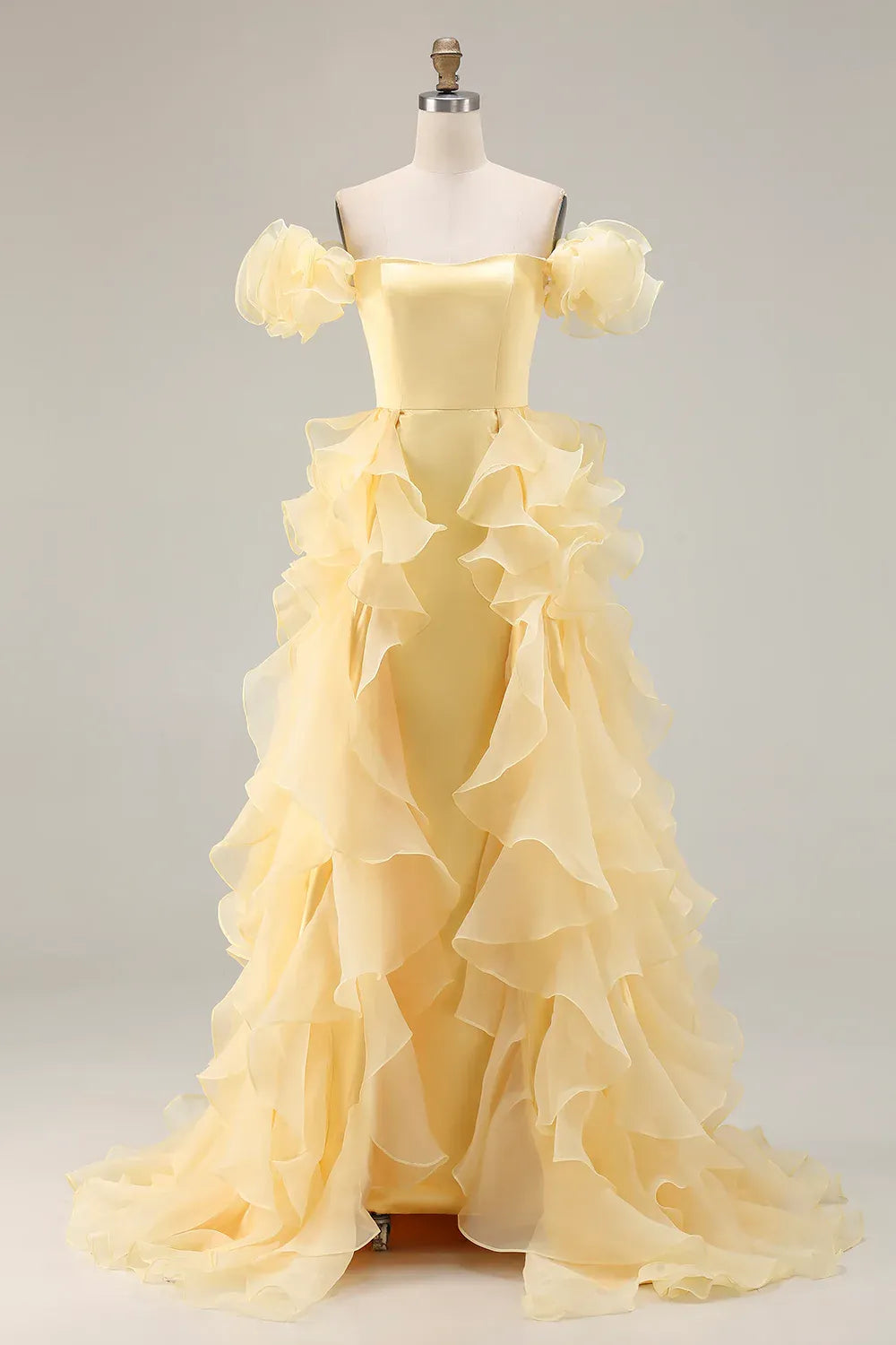Yellow Mermaid Off-Shoulder Ruffle Prom Dress With Sweep Train