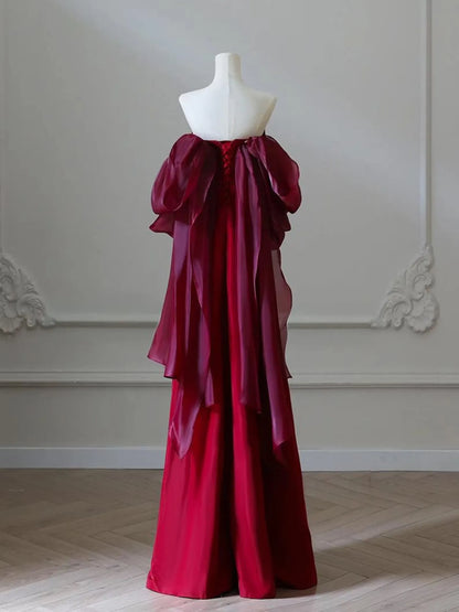 Luxurious Burgundy Ruffled Mermaid Off-the-Shoulder Classic-Sleeve Lace-Up-Back Floor-Length Prom Dress