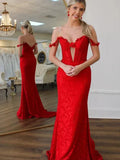 Red Mermaid Off-the-Shoulder Corset Floral Cutout Train Prom Dress
