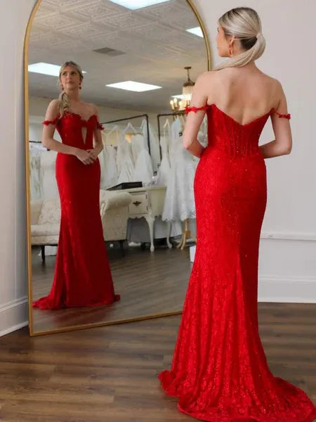 Red Mermaid Off-the-Shoulder Corset Floral Cutout Train Prom Dress