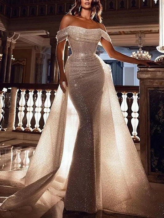 Elegant Red Mermaid Off-the-Shoulder Classic-Sleeve Classic-Back Floor-Length Prom Dress