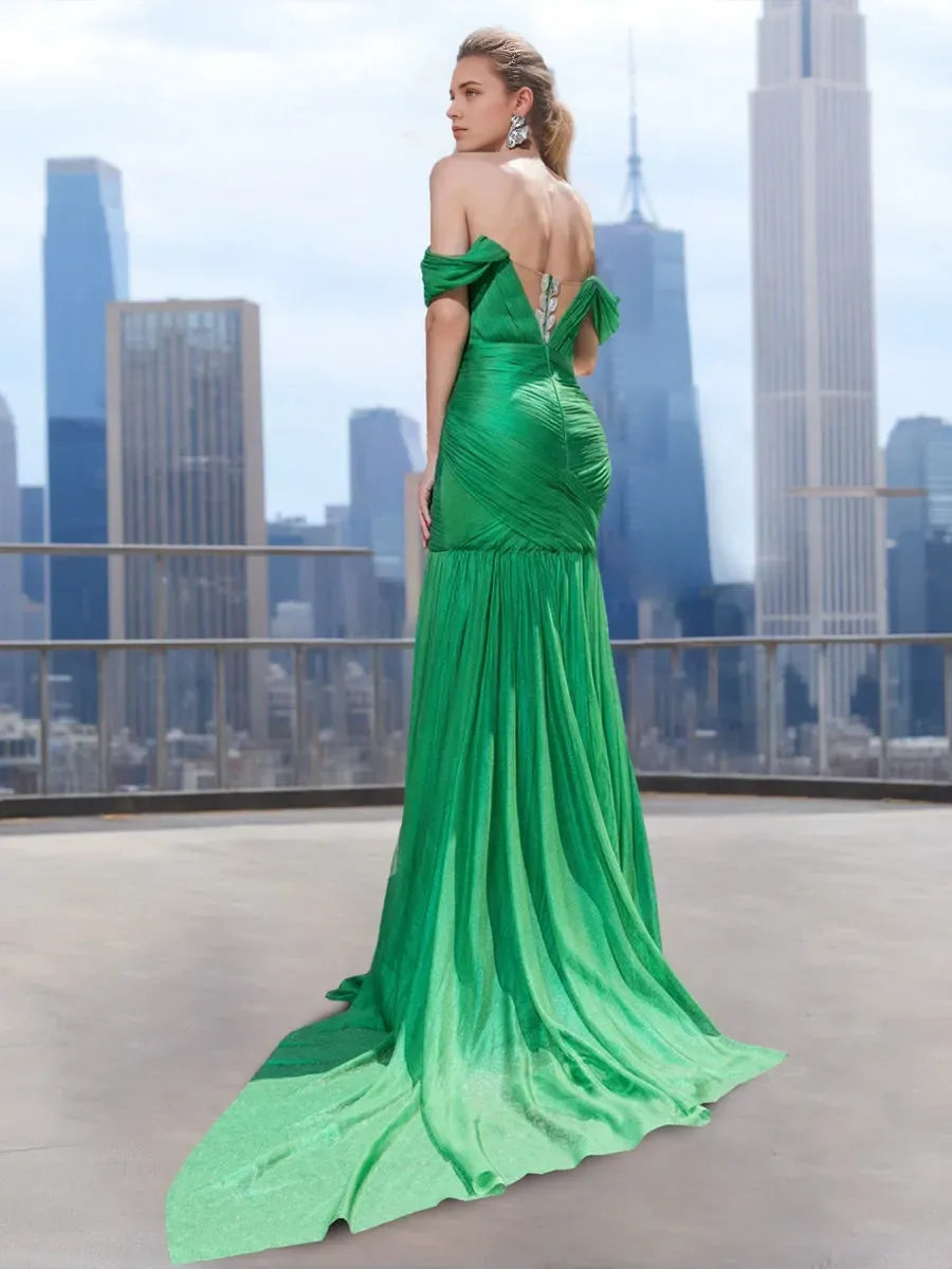 Mermaid Off-the-Shoulder Sleeveless Ruched Evening Dresses with High Split